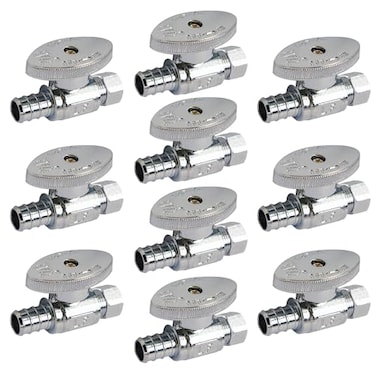 Hourleey 10 Pack Straight Stop Valve Water Shut Off Valve 12 PEX x 38 OD Compression QuarterTurn Chrome Plated Brass Valve for Faucets and Toilets