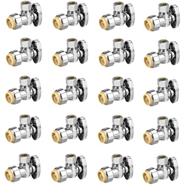 PXZBLG 20pcs Stop Valves 12 38 Angle Stop Valve 12 PTC Input 38 OD Compression Output Push to Connect 14 Turn Chrome Plated Brass for Faucet Toilet Valves No Lead