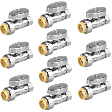 PXZBLG 10pcs Stop Valves 12 38 Straight Stop Valve 12 PTC Input 38 OD Compression Output Push to Connect 14 Turn Chrome Plated Brass for Faucet No Lead