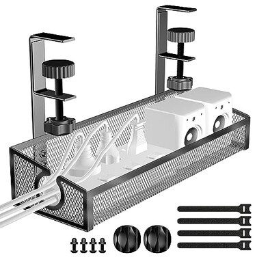Kaiferty Under Desk Cable Management Tray Black No Drill Desk Cable Wire Management Organizer with Clamp PC Cord Organizer Accessories Workspace for Office Home