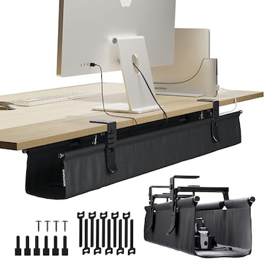 Ascrono Original No Drill Under Desk Cable Management Tray 406 Premium Black Fabric Cable Management Under Desk ClampScrew Mount Cord Organizer Supports Upto 66lbs Large