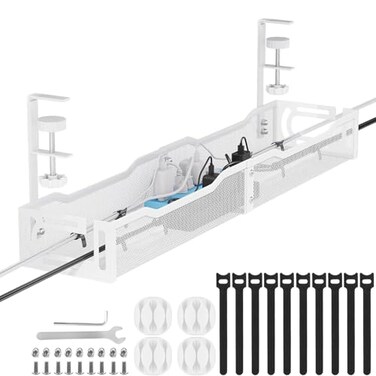 Mzmaxy Cable Management 25 Cable Management Under Desk No Drill Metal Cord Organizer with Clamp for Standing Desk Cable Organizer for Home Office White