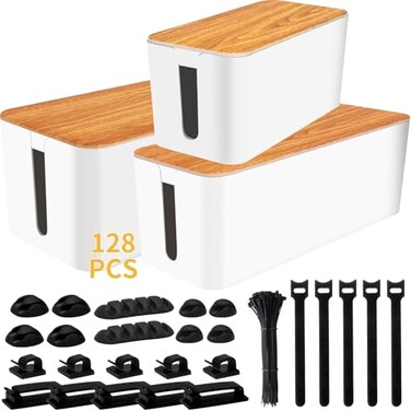 YUANYE Cable Management Box Cable Management Kit for Power Strip to Hide WiresCord Organizer BoxesSafe ABS Material Wire Organizer of Cable Clips Sleeve for Home Office3Pack128PCSWhite