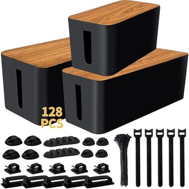 YUANYE Cable Management Box Cable Management Kit for Power Strip to Hide WiresCord Organizer BoxesSafe ABS Material Wire Organizer of Cable Clips Sleeve for Home Office3Pack128PCS Black