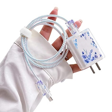 CameCosy Cute Flower DIY Protectors Cable Protector for iPhone ChargerKawaii Purple Lavender PatternData Cable USB Charger Data Line Earphone Wire Saver for iPhone X 13 12 11 Pro Max