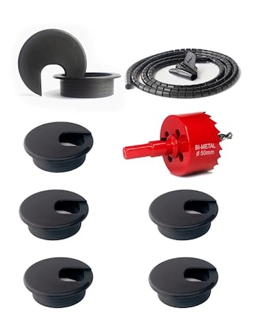 Bicafa 6 Pack Desk Grommet 2 Inch 50 mm BiMetal Hole Saw Kit with Cord Wrap Coiled Tube Management2 m Cable Sleeve Organizer with Table Hole Cover