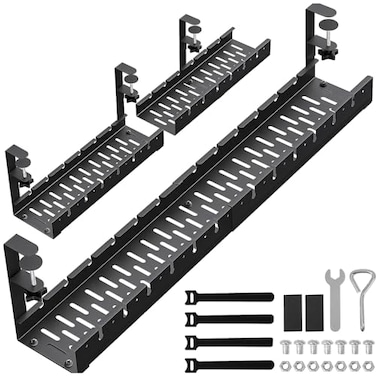 WIGAKDRU 31Inch Extendable Under Desk Cable Management Tray Black Metal Cable Management Tray Under Desk Cord Management with Clamp 31 Inch x 433 Inch