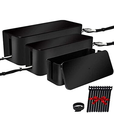 Davimaxium Set of Three Cable Management Boxes Organizer Large Storage Wires Keeper Holder for Desk TV Computer USB Hub System to Cover and Hide Power Strips Cords Black