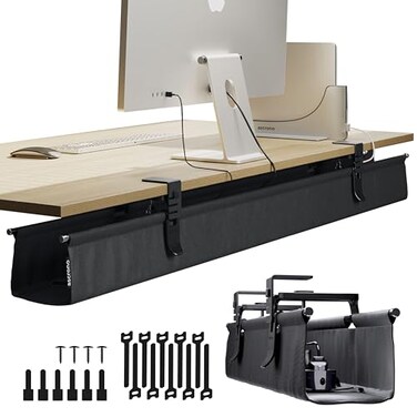 Ascrono Original No Drill Under Desk Cable Management Tray 539 Premium Black Fabric Cable Management Under Desk ClampScrew Mount Cord Organizer Supports Upto 66lbs Extra Large