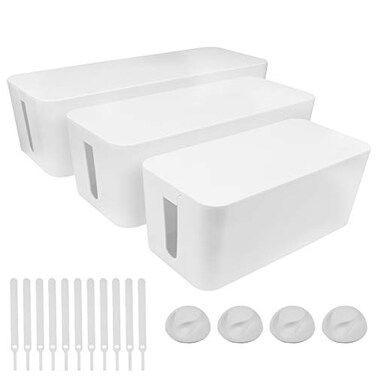 DUNCHATY Cable Management Box 3 Pack Cord Organizer Box for Desk Large Medium Small Cable Box to Hide Power Strip Wires PetSafe Cord Hider for TV Computer Under Desk White