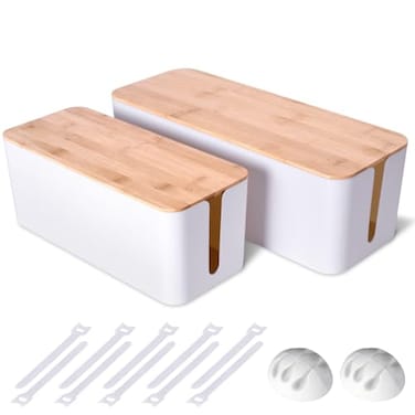 Naeety 2 Pack Large Cable Management Box Wooden Style Cord Organizer and Cover for TV Wires Computer Router USB Hub and Under Desk Power Strip Safe ABS Material and BabyPets Proof Lock White
