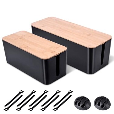 Naeety 2 Pack Large Cable Management Box Wooden Style Cord Organizer Box and Cover for TV Wires Computer Router USB Hub and Under Desk Power Strip Safe ABS Material and BabyPets Proof Lock Black