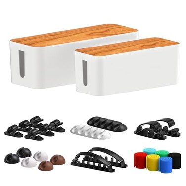 CABLE GARDEN Cable Management Box 2 Pack with 16 Cable Clips SetLarge Medium Small Wooden Style Cable Organizer Box to Hide WiresPower Strips Cord Organizer Box Cable Organizer for Home Office White