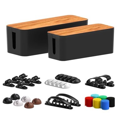 CABLE GARDEN Cable Management Box 2 Pack with 16 Cable Clips SetLarge Medium Small Wooden Style Cable Organizer Box to Hide WiresPower Strips Cord Organizer Box Cable Organizer for Home Office Black