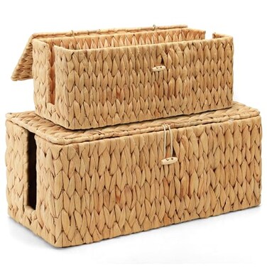 Posprica Cable Management Box with Lid 2Pack Handwoven Real Water Hyacinth Cord Hider Organizer Boxes 2 Side Open Slots Storage Box to Hide Cords Power Strip for Desk Floor Office