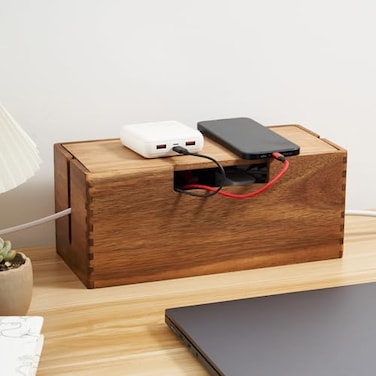 LiTY Acacia Wood Cable Management Box Wooden Cord Hider Organizer for Power Strip Electrical Hiding TV Wires Desk Floor Cables Office Under Desk Cable Storage Box for Wire