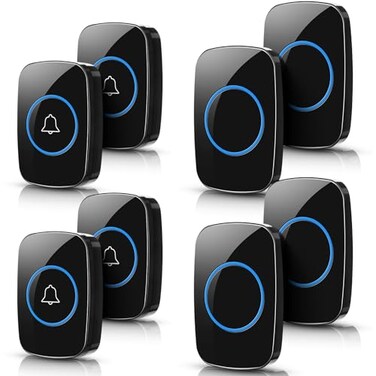 Fabbay 8 Wireless Doorbell Waterproof Door Bell Button Kit 4 Pcs Home Doorbell with 4 Receivers 1000 ft Range 5 Volume Levels with 60 Door Bell Chimes and LED Flash for Home Office ClassroomBlack