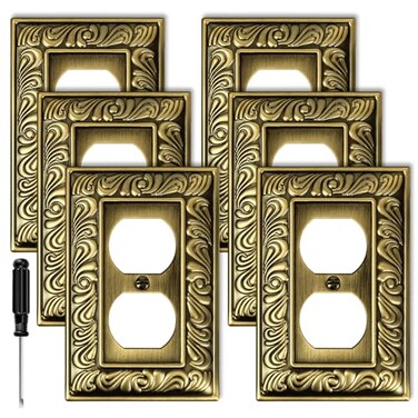 Ranweydi Antique Brass Duplex Outlet Cover Paisley Pattern Decorative Wall Plates for Electrical Outlet Metal Switch Plates and Receptacle Cover for Kitchen Bathroom 1 Gang Duplex Outlet6 Pack
