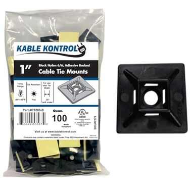 Kable Kontrol Zip Tie Mounts 1 Sq Black 100 Pcs Adhesive Backed MultiPurpose UVResistant Mounting Squares Nylon Cable Tie Wrap Anchor Pads for Cable Management