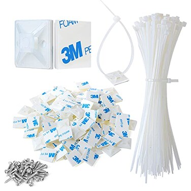 XHF 34 Strong BackGlue Self Adhesive White Cable Zip Tie Mounts 100pcs with 8 Ties Screws Outdoor Sticky Wire Fasteners Cable Clips Management Anchors Organizer Holders Squares