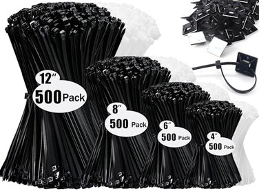 Colaolge Zip Wire Ties 2100 Pack Small Cable Zip Ties with Cable Mounts Nylon Zip Cable Ties Assorted Sizes 46812 Inch SelfLocking Tie Wraps UV Resistant Nylon Cable Ties for Indoor and Outdoor