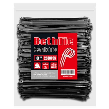 BethTie Black 8 Inch Zip Ties 2500 Pack 65 LBS Tensile Strength SelfLocking Nylon PA66 UV Resistant Cable Ties for Indoor and Outdoor Use