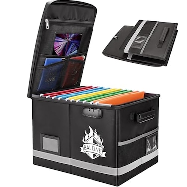 BALEINE Fireproof Document Box with Lock Portable Fireproof Document Bag Waterproof Fire Proof File Boxes for Documents File Organizer Box for Important Paperwork Black 16x125x115