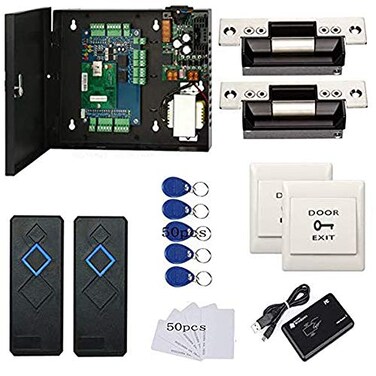 MENGQI-CONTROL MENGQICONTROL 2 Door Access Control Board System 110240V Power Supply Box North American ANSI Electric Strike Lock RFID Reader Enroll USB Reader RFID Card Key FobsPhone APP Remotely Ope