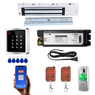 YUANWIN Access Control System Kit with IP68 Waterproof Metal Touch Keypad 600LB Magnetic Lock Zinc Alloy Exit Button 2 Remote Controls and Tuya App Remote Access