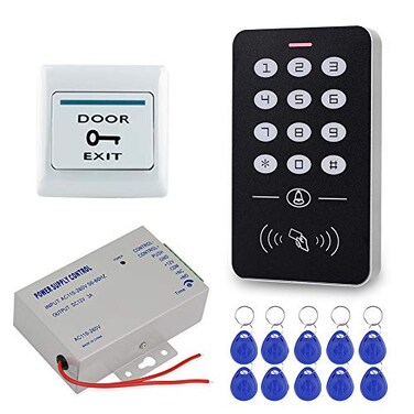 HFeng Access Control System Kit 125KHz RFID Keypad DC12V 3A Power Supply Controller Door Exit Button 10pcs Keyfobs Card for Home Alarm WoodenMetalGlass Door
