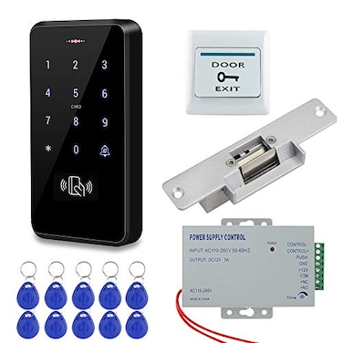 HFeng RFID Access Control System Kit Outdoor IP68 Waterproof Access Control Keypad NC Fail Safe Electric Strike Locks DC12V Power Supply 10pcs 125KHz EM4100 Keyfobs Cards