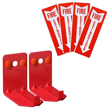 TaoBary 2 Pack Fire Extinguisher Holder and 4 Pieces Fire Extinguisher Sign Sticker 20lb Fire Extinguisher Wall Hook Mount Bracket for Big and Small Fire Extinguishers Indoors and Outdoors