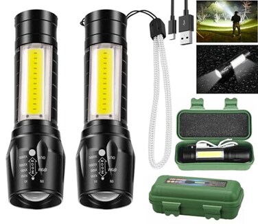 Wrrozz Led Flashlight Rechargeable USB Torch Mini Small Light Super Bright Handheld Tiny Portable Pocket Keychain Flash Light with COB Side Searchlight High Lumens Zoomable Emergency Camping 2 Pack