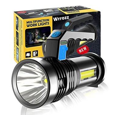 Wrrozz LED Flashlight High Lumens USB Rechargeable Flashlight for Camping Hiking Walking Powerful Emergency Flashlight with 4 Modes for Outdoor Use Rechargeable Spotlight with Sidelight Lantern