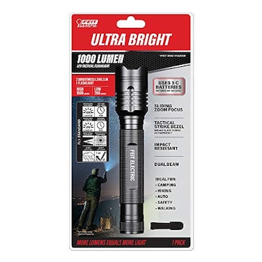 Feit Electric LED Tactical Flashlight Aluminum Alloy Zoomable Strike Bezel Illuminate up to 1000 feet Adjustable Brightness from 2601000 Lumen Requires 3C Batteries