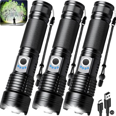 ALSTU Flashlight Rechargeable 990000 High Lumens 3 Pack Bright LED Flash Light with 5 Modes Handheld Waterproof Linterna for Camping Home Outdoor