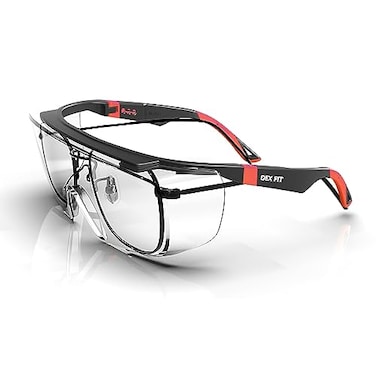 DEX FIT Safety Glasses Over Eyeglasses SG210 AntiFog Scratch Resistant Z871 Adjustable Temples Side Shields UV Protection Clear Lens PPE for Men Women Black Red 1 PC