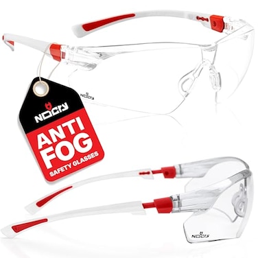 NoCry Safety Glasses with Clear Anti Fog Scratch Resistant WrapAround Lenses and NoSlip Grips UV Protection Adjustable White Red Frames 10 pack