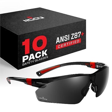 NoCry Work and Sports Safety Sunglasses with Green Tinted Scratch Resistant WrapAround Lenses and NoSlip Grips UV 400 Protection Adjustable Black Red Frames 10 pack