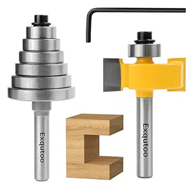 Exqutoo 14 Inch Shank Rabbet Router Bit Set with 6 Adjustable Bearing Carbide Tipped Rabbeting Bit1814516 3871612 CNC Router Bits Woodworking Tools for Doors Drill Bit