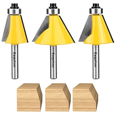 Exqutoo 3 Piece Chamfer Router Bit Set Kit 14 Shank 15 225 30 Degree Cutting Angle 1 Cutting Length