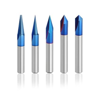 SYWAN CNC Wood Carving Router Bits Set of 5 14 Shank 1520306090 Engraving Bits 2 Flutes Straight CNC Vbit with Nano Blue Coating CNC Milling Cutter Engraving Router