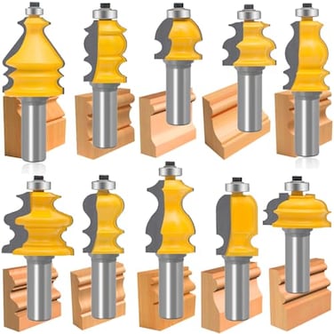 LEATBUY-TECH LEATBUY 10 PCS Architectural Molding Router Bit Set 12 Inch Shank Woodwork Corner Rounding Edge Wood Door Drawer Cabinet Beading Router Bit Sets CNC Woodworking Milling Tools 10