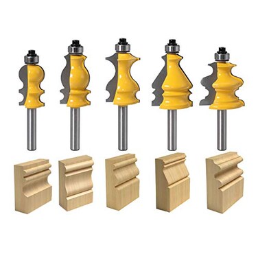 TAIWAIN-BRAND TAIWAIN Router Bit Set 14 Inch Shank 5PCS Architectural Picture Frame Molding Bits Wood Milling Cutter Router Woodworking Miter Carbide Cabinet Shelf Panel CNC Cutting Tool for Door Tabl