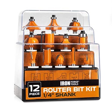 Iron Forge Tools Router Bit Set 14 Inch Shank 12 Piece Wood Router Bits for Woodworking Home Improvement and DIY Projects Accessories for Woodworking