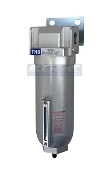 THB HEAVY DUTY INDUSTRIAL RATED HIGH FLOW PARTICULATE FILTER INLINE WATER TRAP FOR COMPRESSED AIR LINE SYSTEMS 5 MICRON WITH METAL BOWL AND AUTO DRAIN 12 NPT 11oz