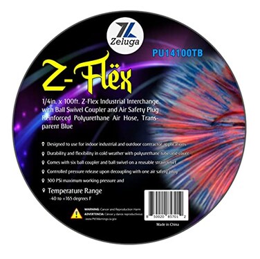 Zeluga ZFlex Industrial Interchange with Ball Coupler and Air Safety Plug Reinforced Polyurethane Air Hose 300 PSI Transparent Blue 14in x 100ft