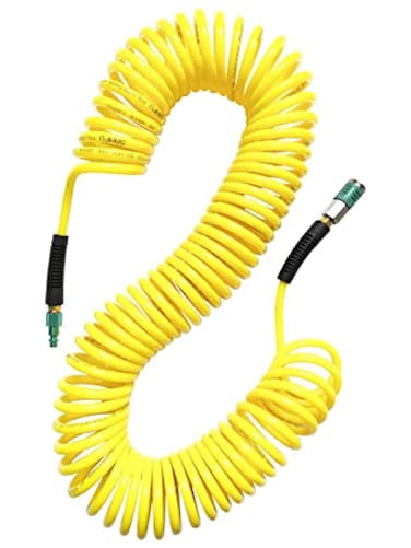 SANFU PU Polyurethane Recoil Air Hose 14ID x 50ft with Bend Restrictor14 Industrial Steel Quick Coupler and Plug Yellow50