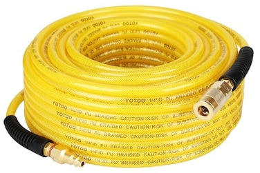 YOTOO Reinforced Polyurethane Air Hose 14 Inner Diameter by 100 Long Flexible Heavy Duty Air Compressor Hose with Bend Restrictor 14 Swivel Industrial Quick Coupler and Plug Yellow