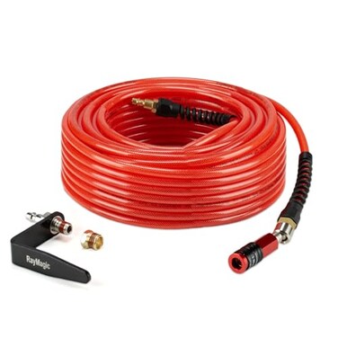 RayMagic Air Compressor Hose 14 Inch x 100 Feet Flexible Reinforced PolyurethanePU Air Hose 300PSI With 5IN1 Universal 14 Swivel CouplerPlug Strain Reliefs 1PCS Hook For NailerRed